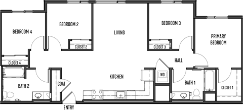 Floor plan for 4 beds, 2 baths, 1180 sqft